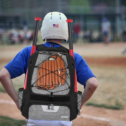 Goloni | Baseball Backpack,Baseball Bag for Adult,Softball Bat Bag with Shoes Compartment,Large Main Compartment for Helmet & accessories, Fence Hook - color: Grey
