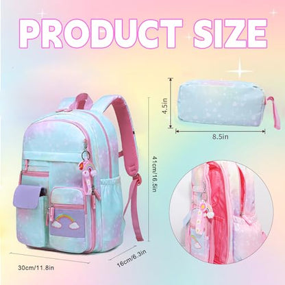 School Backpack for Girls Rainbow Kids Cute Backpack for Back to School Laptop Travel Bag With pencil Case (Blue Set) - color: Blue Set