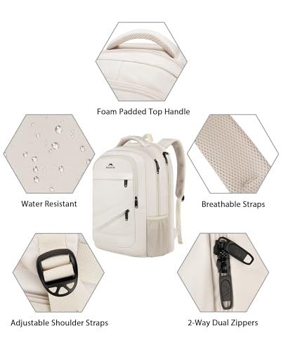 MATEIN Laptop Backpack Women Large Capacity, TSA Travel Backpack with Luggage Strap & Anti Theft Pocket, Water Resistant Teacher College Bookbag Fits 17 Inch Computer, Stylish Beige Work Daypack - color: Beige, size: 17 Inch