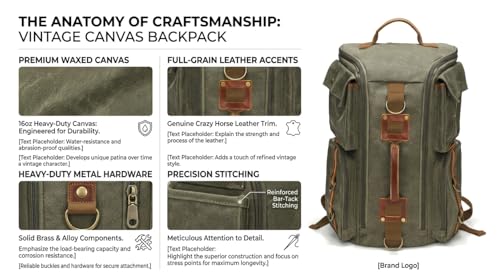 Heavy-Duty Waxed Canvas Backpack for Men, 17 Inch Laptop Rucksack with Genuine Leather, Multi-Pocket Travel Bag for Work, Hiking, and Camping - color: Army Green
