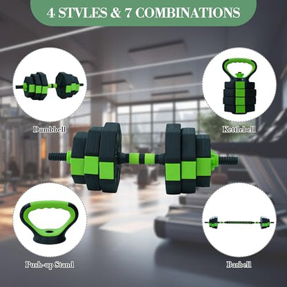 4-in-1 Adjustable Dumbbell Set, 44 lbs Weight Set Used as Dumbbell, Barbell, Kettlebell & Push up Stand, Multifunctional Home Gym Workout Equipment for Men & Women, Green
