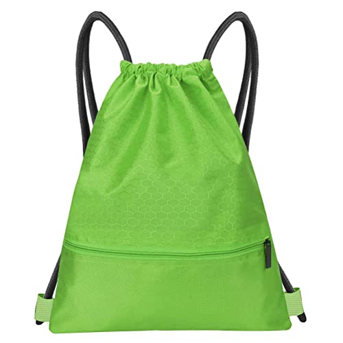 Drawstring Backpack Bag, Waterproof Draw String Back Sack with Zip Pocket, Gym Drawstring Bags Swim Bag for Men Women - color: Green, Upgraded