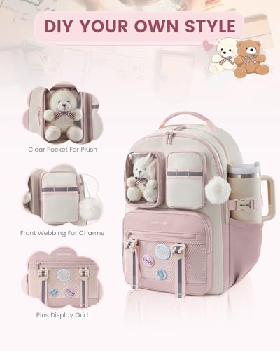 LOVEVOOK Cute School Backpack for Girls Ages 8-14, Bookbag with Plush Bear & Clear Display Pocket, Fits 15.6 Inch Laptop & 40oz Tumbler, Back to School Backpack for Elementary & Middle School - color: Pink / Off-white