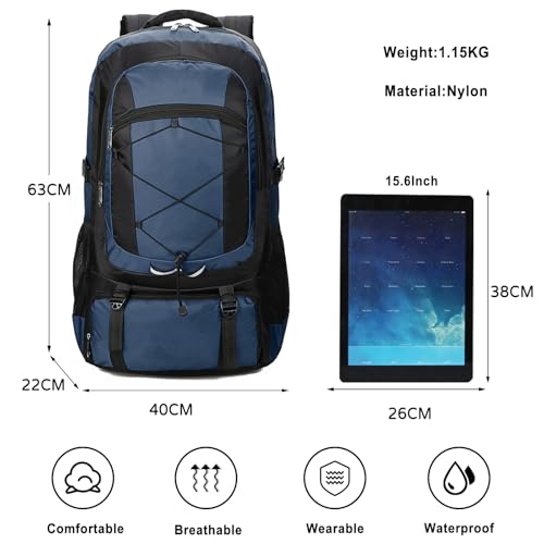 75L Hiking Backpack Trekking Rucksack Waterproof Daypack Durable Backpack for Women Men Camping Climbing Travel Outdoor Sports Navy Blue - color: Navy Blue