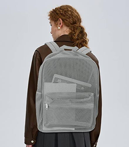 MCWTH Heavy Duty Mesh Backpack, See Through School College Student Mesh Bookbag (Grey) - color: Grey