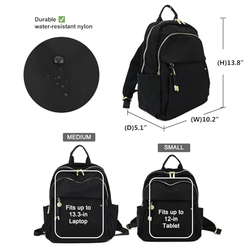 M-ioi-M Small Backpack Purse for Women, Fashion Nylon Daypack with Gold Hardware, Lightweight Water-Resistant Casual Commuting Bag for Work, College, City Walks, Fits up to 12" Tablet (Black, Small) - color: Black,small