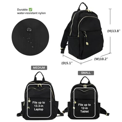 M-ioi-M Small Backpack Purse for Women, Fashion Nylon Daypack with Gold Hardware, Lightweight Water-Resistant Casual Commuting Bag for Work, College, City Walks, Fits up to 12" Tablet (Black, Small) - color: Black,small