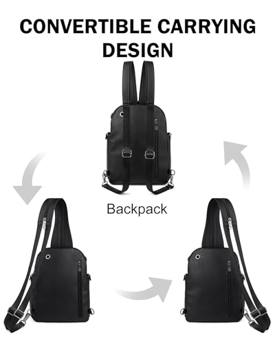 FADEON Large Sling Bag for Women, Designer Leather Crossbody Purse Convertible Sling Backpack, Anti Theft Daypack for Travel - color: Black Retro Style