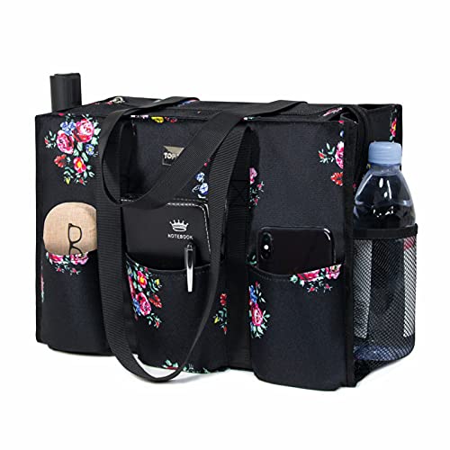 TOPDesign Utility Water Resistant Tote Bag with 13 Pockets, Top Zipper Closure & Thick Bottom Support, for Working Women - color: Blooming Flower, size: Medium