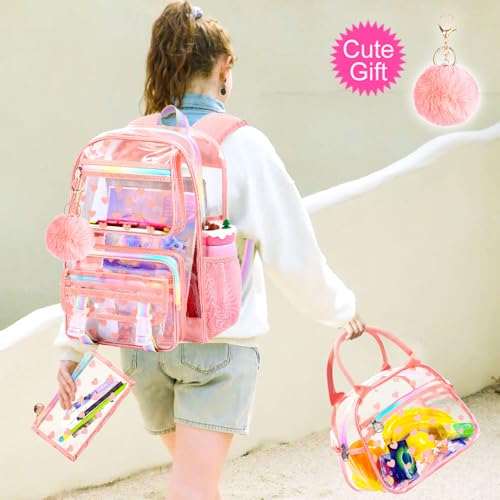 KLFVB 3PCS See Through Backpack Heavy Duty, Girls Clear School Bag Set, Cute Transparent Bookbag for Women - Heart Love Deep Pink - color: Heart Love Deep Pink Clear Backpack