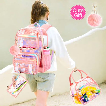 KLFVB 3PCS See Through Backpack Heavy Duty, Girls Clear School Bag Set, Cute Transparent Bookbag for Women - Heart Love Deep Pink - color: Heart Love Deep Pink Clear Backpack