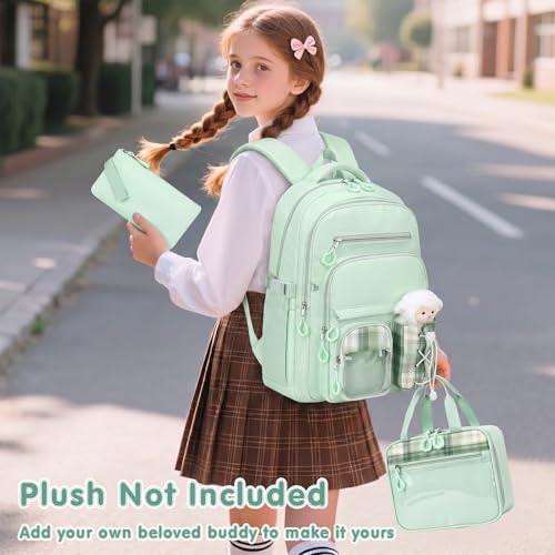 GeeWin Girls Backpack for School with Lunch Box & Pencil Case Set, 17 Inch Stylish Plaid Girls Bookbag with Lots of Pockets for Kids, Teens, Elementary Middle High College School (Light Green) - color: Light Green