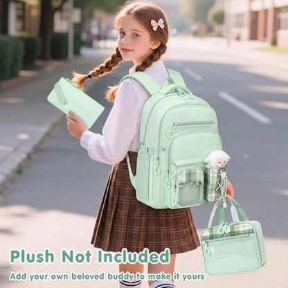 GeeWin Girls Backpack for School with Lunch Box & Pencil Case Set, 17 Inch Stylish Plaid Girls Bookbag with Lots of Pockets for Kids, Teens, Elementary Middle High College School (Light Green) - color: Light Green