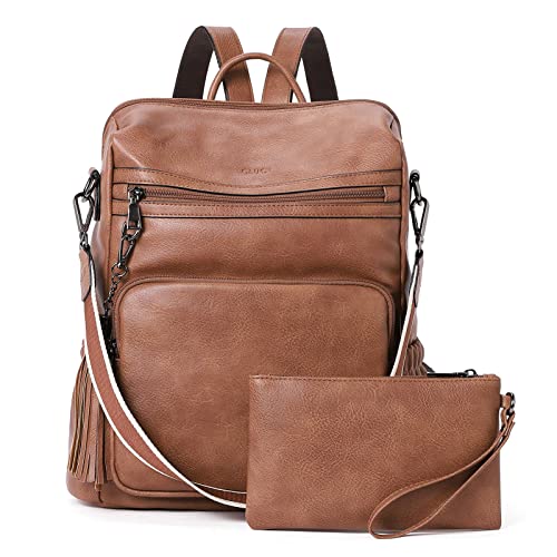 CLUCI Womens Backpack Purse Leather Backpack Large Fashion Designer Travel Ladies Shoulder Bags with Wristlet 2PCS - color: 0-1 Brown 2pcs