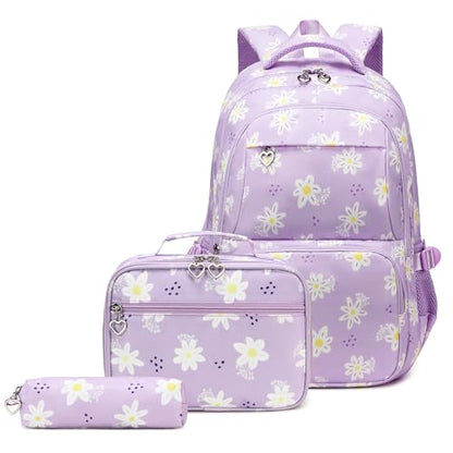 3Pcs Flower Daisy Backpack for Girls with Lunch Box Kids School Bag - color: 01 Purple 1