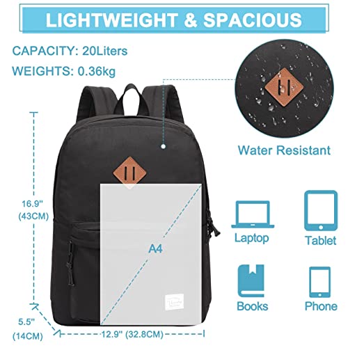 VASCHY Lightweight Backpack for School, Classic Basic Water Resistant Casual Daypack for Travel with Bottle Side Pockets (Black) - color: Classic Black