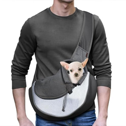 YUDODO Pet Sling Carrier for 5-9 lbs Small Dogs & Cats – Hands-Free Puppy Carrier with Safety Hook, Large Zipper Pocket, Soft Breathable Mesh, Adjustable Strap & Reflective Strip (Gray 1.0 M) - color: Gray 1.0 Basic (Zipper Pocket), size: Medium (4.5-9lbs