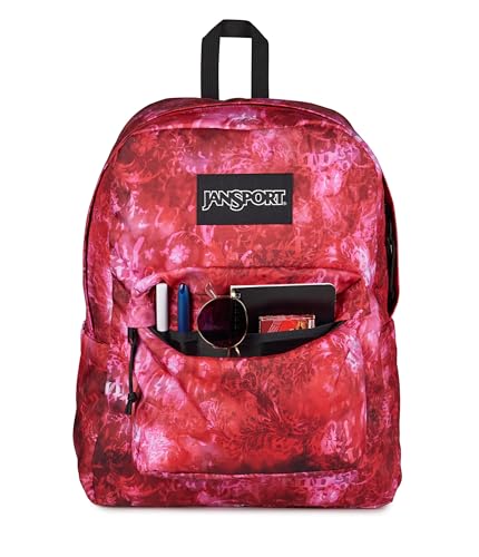 JanSport SuperBreak Plus Backpack with Padded 15-inch Laptop Sleeve and Integrated Bottle Pocket - Spacious and Durable Daypack for Work and Travel, Afflicted Dyed Red/White/Black - color: Afflicted Dyed Red/White/Black