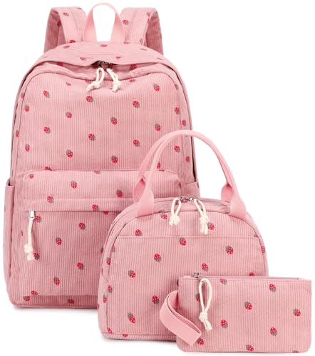 Bluboon School Backpack Set Girls Womens Laptop Bookbag Casual Daypack Fits 15 inch Laptop with Lunch Tote Bag and Pencil Bag - color: Corduroy-pink