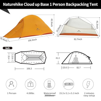 Naturehike Cloud Up 1 Person Tent, Lightweight Backpacking Tents for One Man, Waterproof Ultralight One Person Tent for Camping Hiking Backpacking - color: Bright Orange