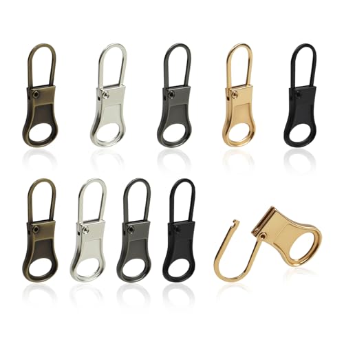 RJLCTH 10 Pcs Zipper Pull Replacement, Metal Zipper Pull Tabs | Universal metal pull tabs for jacket, pants, coat, shoes, backpack, suitcase, purse, and luggage zipper repair; 5 colors
