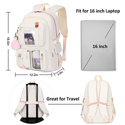 Backpack for Girls with Accessories Laptop Bookbags 16 Inch Kawaii Kids Elementary Middle High School Bag College Travel Daypack Gifts for Teens Women Students (Off-white) - color: Off-white