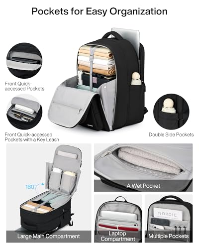 MILADA Expandable Travel Backpack 28L to 39L, TSA-Approved Carry On Backpack with 17 Inch Laptop Compartment, School Business Work Backpack for Men & Women, Black - color: Black