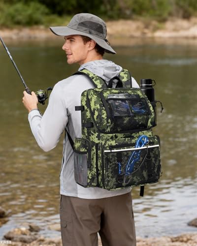 Fishing Backpack, Large Water Resistant Tackle Bag Storage Fishing Gear and Equipment, Built-in Cooler Compartment Green - color: Green Camo