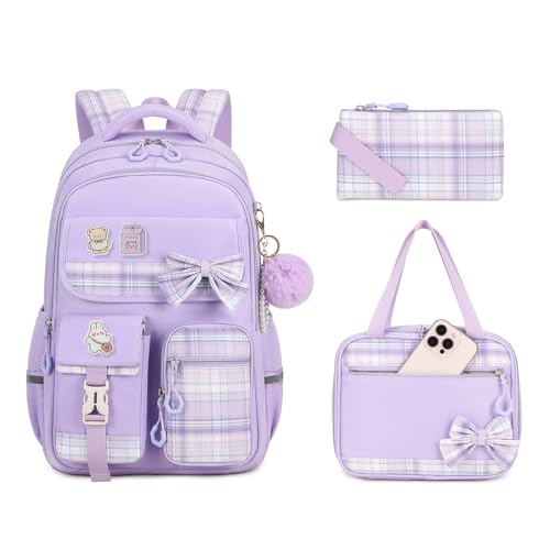 MOONBABY Girls Backpack, Kids Backpack for Girls School Bags with Lunch Bag & Pen Case, Bow Plaid Book Bag for Elementary Middle Primary High School College,Purple-3pcs - color: Purple Set