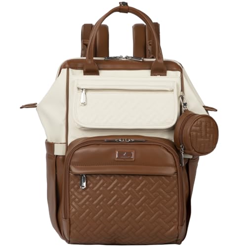 BabbleRoo Leather Diaper Bag Backpack, Multifunction Large Bags with Changing Pad & Stroller Straps & Pacifier Case, Unisex Stylish Travel Back Pack Nappy Changing Bag for Moms Dads (Coffee Cream) - color: Vegan Leather, Coffee Cream