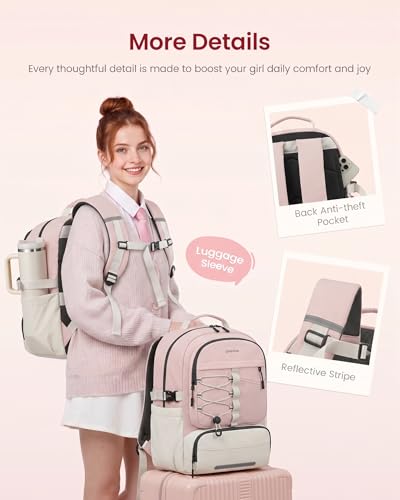 LOVEVOOK School Backpack for Teen Girls, Unique Style College Student Backpacks with Large Cup Holder, Cute Kid Bookbag with Pens Compartment, Large Capacity Back to School Backpack Fit 15.6'' Laptop - color: Pink White, size: Medium