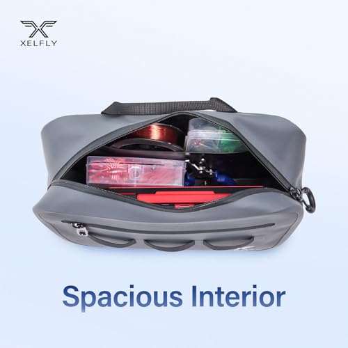 Xelfly Waterproof Fishing Waist Bag with Rod Holder, Padded Waist Straps & Gear Loops - Submersible Zipper, Rugged Top Handle, Adjustable Attachments (Gray) - color: Gray, size: Waist Bag