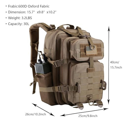 Hannibal Tactical 30L MOLLE Assault Pack, Tactical Backpack Military Army Camping Rucksack with Bottle Holder, 3-Day Pack, Khaki - color: Khaki, size: 30L