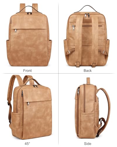 MASINTOR 15.6 inch PU Leather Laptop Backpack Purse for Women, Large College Casual Backpack Travel Bag Retro Camel - color: Retro Camel