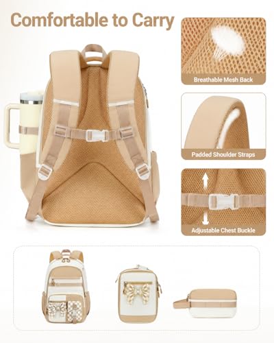 CAMTOP Girls Backpack with Lunch Box & Pencil Case Set, School Backpack for Girls with Large Water Bottle Holder Straps, Waterproof Kids Backpack, Cute Bookbag for Elementary School & Travel - color: Beige Brown