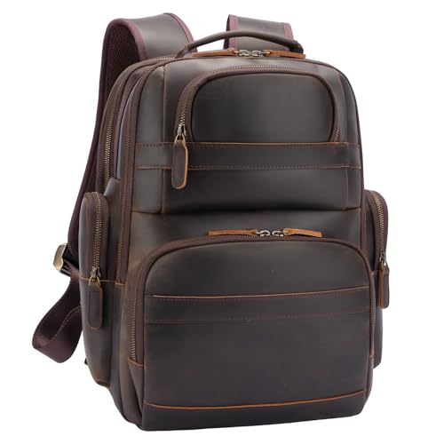 TIDING Men's Vintage Leather Backpack 15.6" Laptop Bag Large Capacity Business Travel Hiking Shoulder Daypacks - color: Dark Brown(fits 14" Laptop)