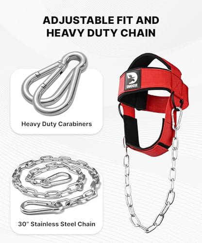 DMoose Fitness Neck Harness for Weight Lifting - Soft Padded Head & Chin Strap with 30" Heavy Duty Steel Chain - Neck Exerciser, Trainer & Strengthener to Support Injury Recovery and Intense Workouts - color: Red