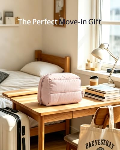 BAGSMART Puffy Makeup Bag, Wide Opening Cosmetic Organizer, Soft Water-Resistant Travel Toiletry Pouch for Women for Purse, Compact & Spacious - color: 02-Baby Pink