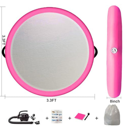 Inflatable Gymnastic Air Spot Mat Tumbling Exercise Yoga Training Mat With Pump, Inflatable Round Springboard Air Roller Gym Floor Track For Home Use/Cheerleading/Water - color: pink
