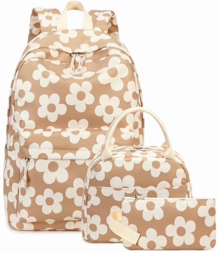 Bluboon Teens Backpack Set Girls School Backpack Lunch Box Pencil Bags Student Bookbags 3 in 1 (Beige Large Flower 157 Brown) - color: Beige Large Flower 157 Brown