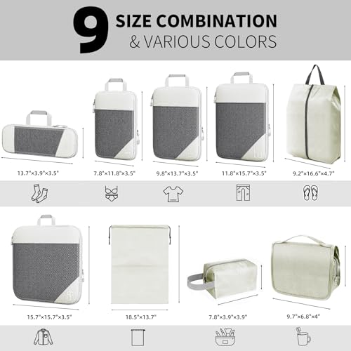 9-Set Packing Cubes with Hanging Bag | 9-Size Combination, Mesh Fabric & Reflective Stripe | Travel Luggage Organizers (Beige) - color: Beige