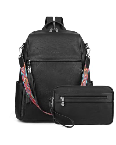 FADEON Faux Leather Backpack Purse, Daypack for Women, Fits 13" Laptop - color: 2 Black Retro Style