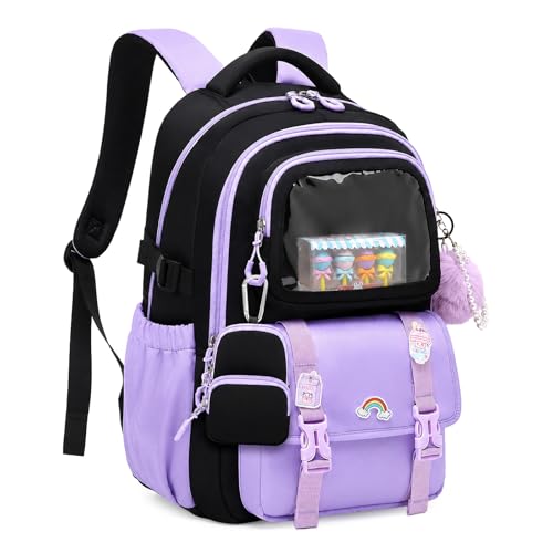 Girls Backpack, Kawaii Kids Backpacks for Girls Multiple Pockets School Bookbag for Primary Elementary School - color: Purple