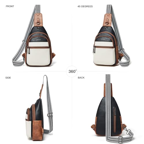LATMAP 7L Sling Bag For Women Faux Leather Anti Theft Small Casual Daypack Backpack Fanny Pack Crossbody Chest Bags Purse Waterproof - color: 7l-black & Beige W/ Brown Trim