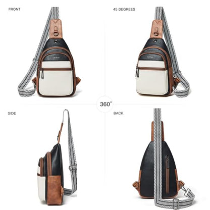 LATMAP 7L Sling Bag For Women Faux Leather Anti Theft Small Casual Daypack Backpack Fanny Pack Crossbody Chest Bags Purse Waterproof - color: 7l-black & Beige W/ Brown Trim