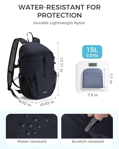 ECOHUB 15L Ultra-Lightweight Packable Backpack, Casual Daypack for Daily Use, Small Hiking & Travel, Foldable Backpack, Water-Resistant Nylon, Reflective Design - color: Black