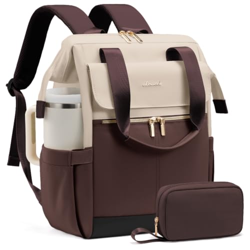 LOVEVOOK Laptop Backpack for Women with Giant Tumbler Holder, 15.6 Inch Work Laptop Bag with USB Port, Fashion Teacher Nurse Backpack Purse, Waterproof Travel Computer Backpack, 2PCS, Apricot-Coffee - color: Apricot - Coffee, size: 15.6" - 2pcs