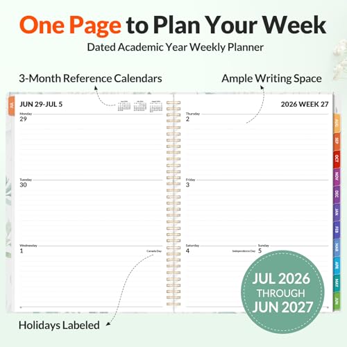 SUNEE Academic Planner 2026-2027 – Weekly & Monthly Planner, July 2026 to June 2027, 8.5"x11", Thick Paper, Tabs, Pockets, Bookmark, Spiral-Bound, Student Teacher Organizer, Greenery - color: Greenery