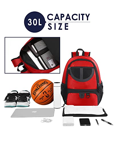 Basketball Bag Backpack for Men Women with Ball & Shoes Compartment 30L Capacity Lightweight Breathable Boys Girls Soccer Ball Bag Backpack Fit Volleyball Football Sports Travel School Gym - color: TK8Red