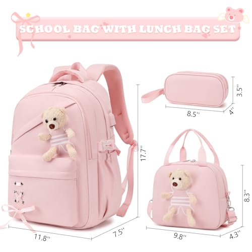 ACESAK School Backpack for Girls - 3 PCS Cute Girls Backpack with Lunch Box & Pencil Case - Kawaii Casual Kids Bookbag School Bag Daypacks Set for Elementary Middle High School Student Teens (Pink) - color: Pink